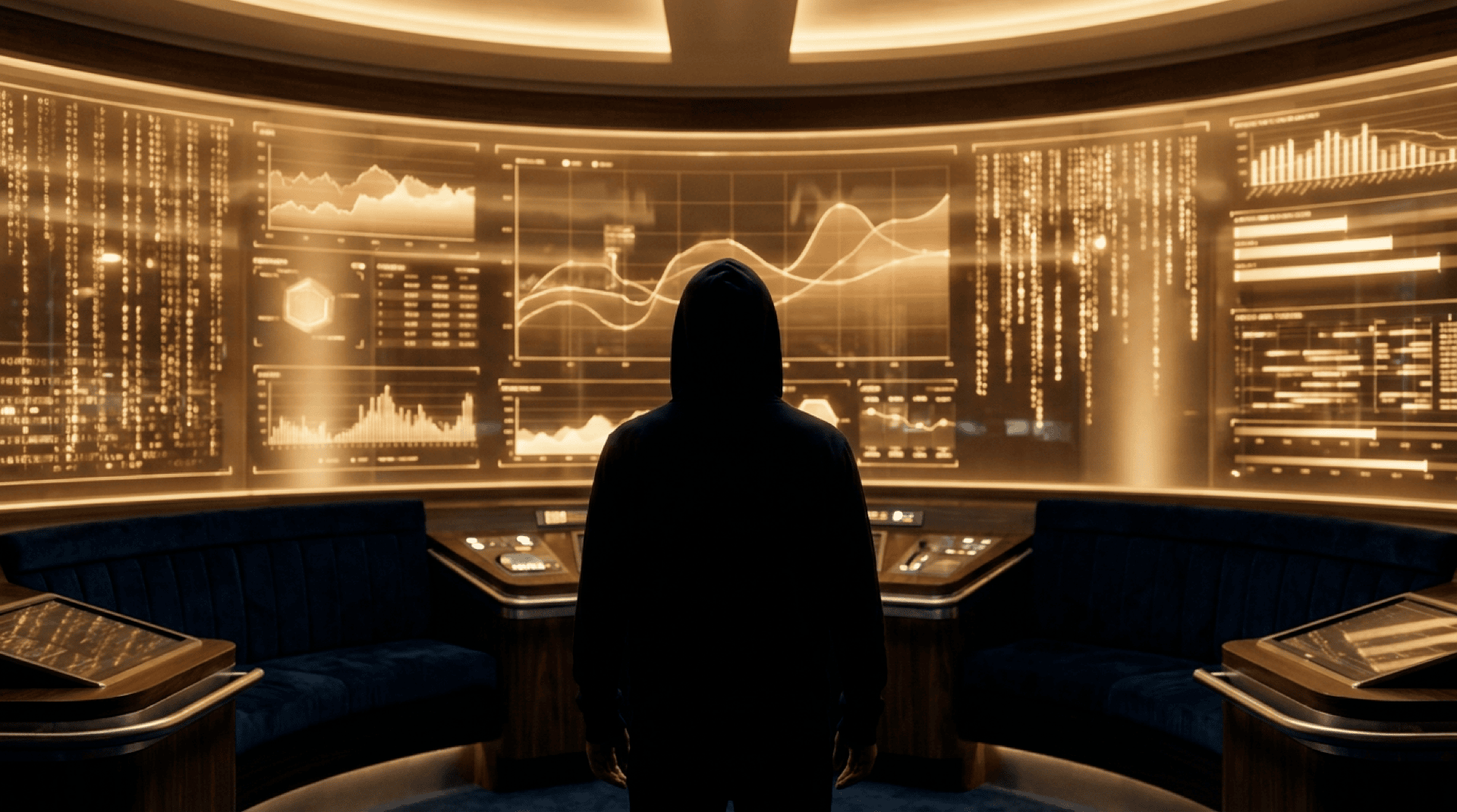 Operator vor einer Wand aus goldenen Live-Dashboards — Löwen Codex Betriebssystem